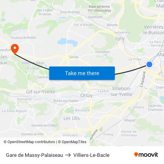 Gare de Massy-Palaiseau to Villiers-Le-Bacle map