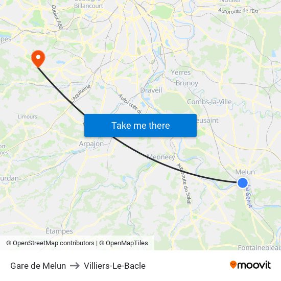 Gare de Melun to Villiers-Le-Bacle map