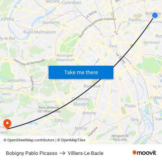 Bobigny Pablo Picasso to Villiers-Le-Bacle map