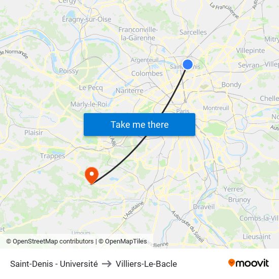 Saint-Denis - Université to Villiers-Le-Bacle map