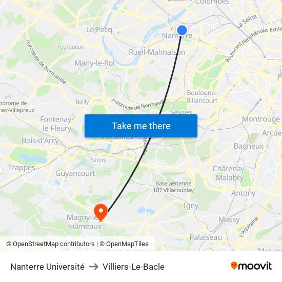Nanterre Université to Villiers-Le-Bacle map