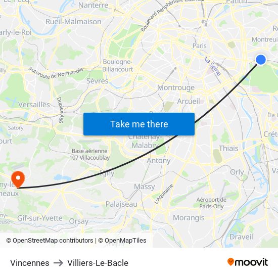 Vincennes to Villiers-Le-Bacle map