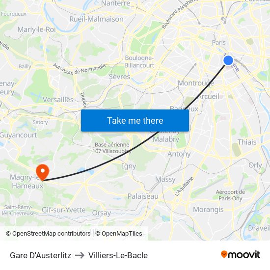 Gare D'Austerlitz to Villiers-Le-Bacle map