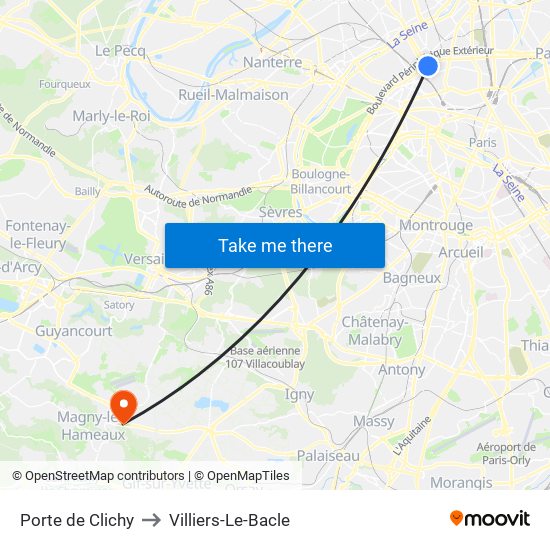 Porte de Clichy to Villiers-Le-Bacle map