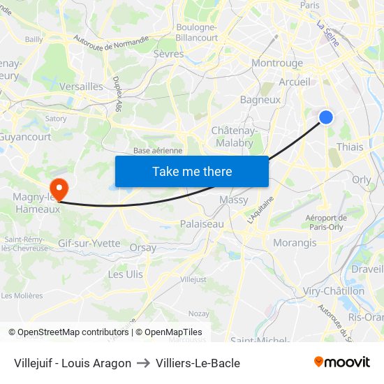 Villejuif - Louis Aragon to Villiers-Le-Bacle map