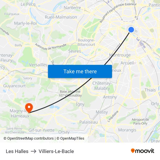 Les Halles to Villiers-Le-Bacle map