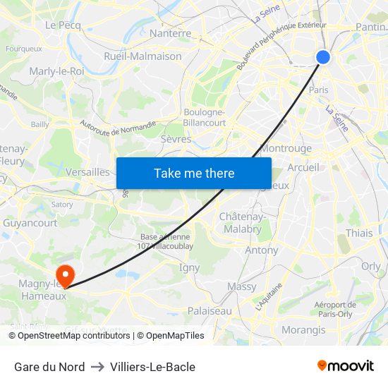 Gare du Nord to Villiers-Le-Bacle map