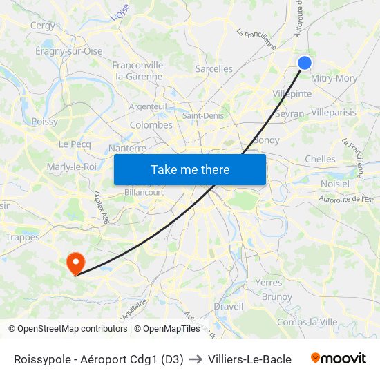 Roissypole - Aéroport Cdg1 (D3) to Villiers-Le-Bacle map