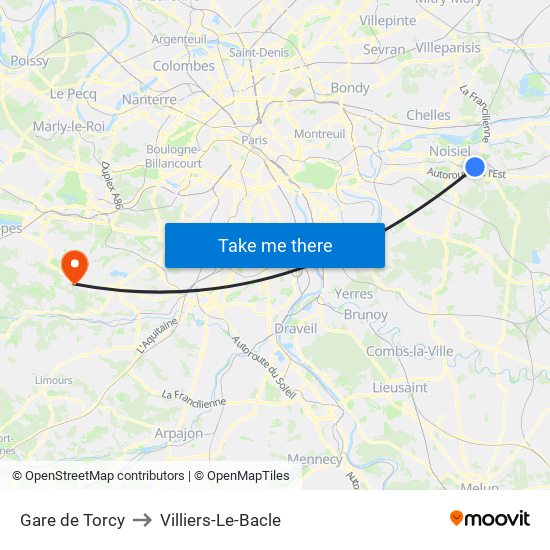 Gare de Torcy to Villiers-Le-Bacle map