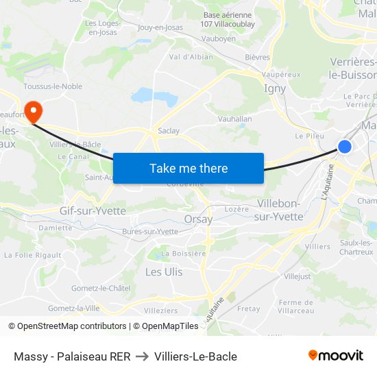 Massy - Palaiseau RER to Villiers-Le-Bacle map