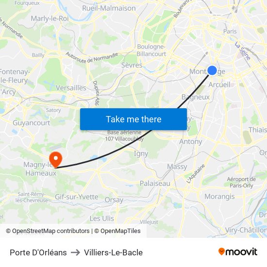 Porte D'Orléans to Villiers-Le-Bacle map