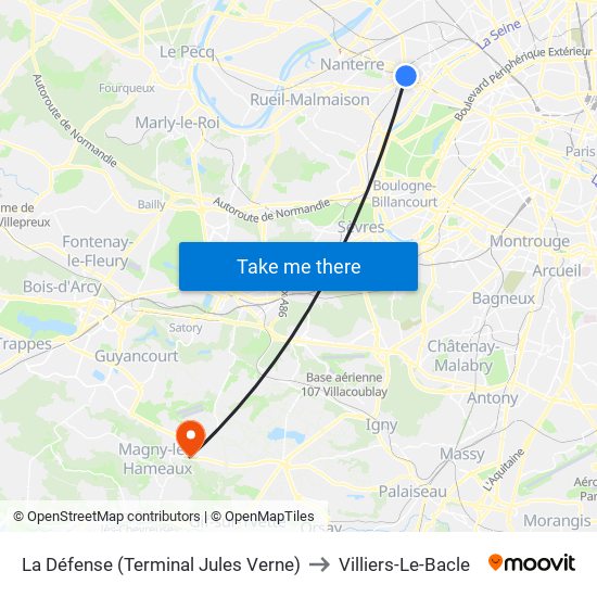 La Défense (Terminal Jules Verne) to Villiers-Le-Bacle map