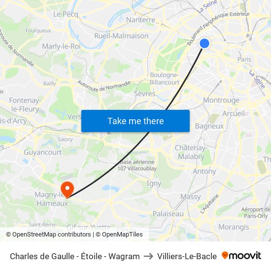 Charles de Gaulle - Étoile - Wagram to Villiers-Le-Bacle map