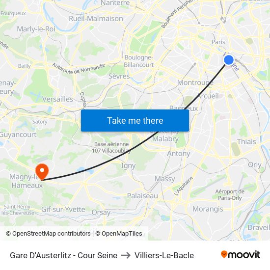 Gare D'Austerlitz - Cour Seine to Villiers-Le-Bacle map