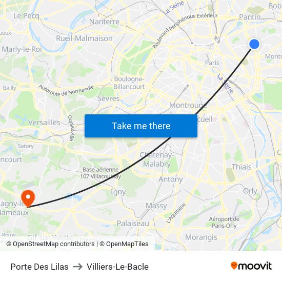Porte Des Lilas to Villiers-Le-Bacle map