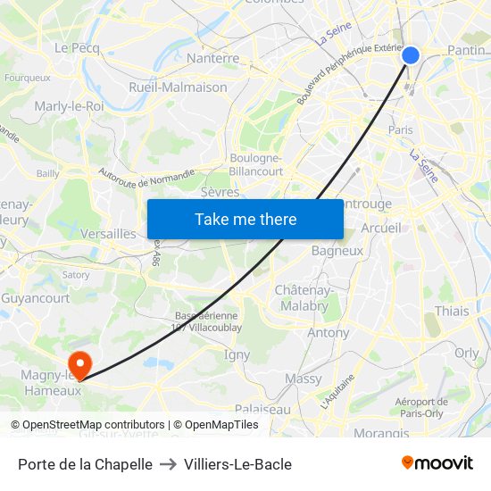 Porte de la Chapelle to Villiers-Le-Bacle map