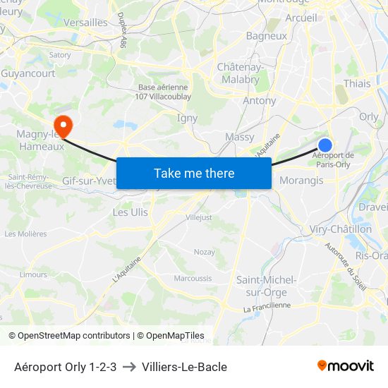 Aéroport Orly 1-2-3 to Villiers-Le-Bacle map