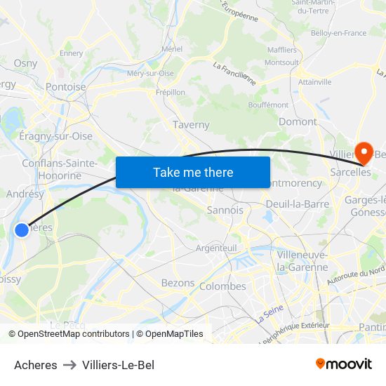 Acheres to Villiers-Le-Bel map