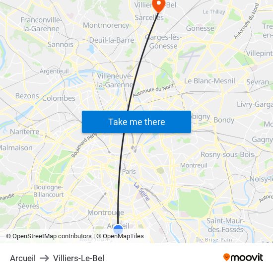 Arcueil to Villiers-Le-Bel map