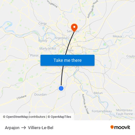 Arpajon to Villiers-Le-Bel map