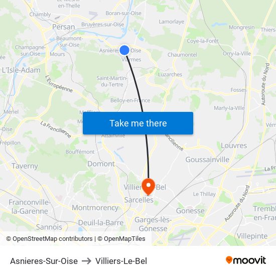 Asnieres-Sur-Oise to Villiers-Le-Bel map