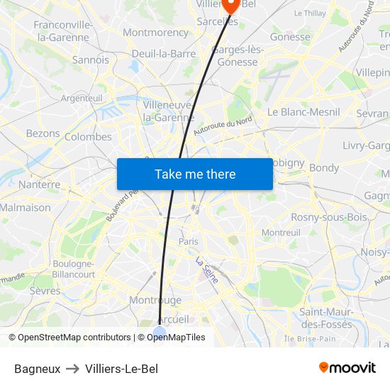 Bagneux to Villiers-Le-Bel map