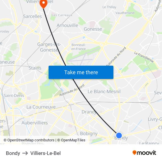 Bondy to Villiers-Le-Bel map