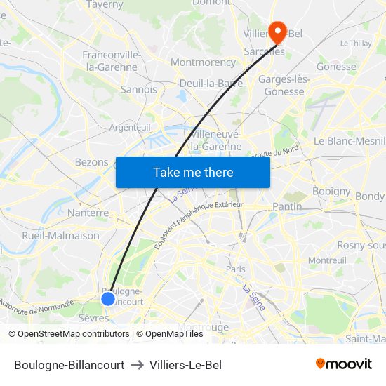 Boulogne-Billancourt to Villiers-Le-Bel map