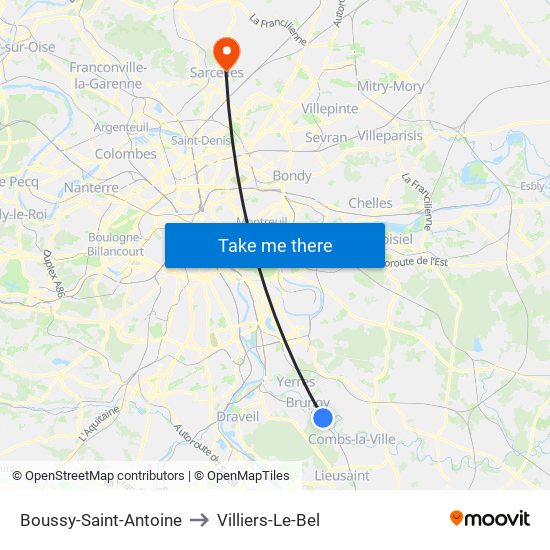 Boussy-Saint-Antoine to Villiers-Le-Bel map