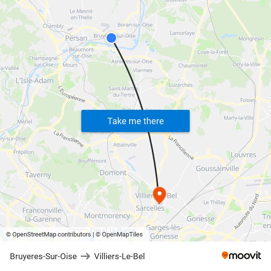 Bruyeres-Sur-Oise to Villiers-Le-Bel map