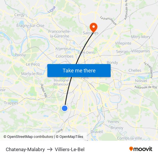 Chatenay-Malabry to Villiers-Le-Bel map