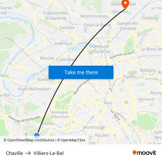 Chaville to Villiers-Le-Bel map