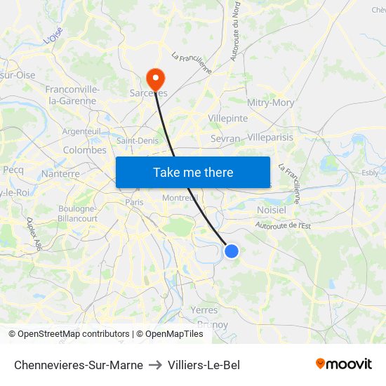 Chennevieres-Sur-Marne to Villiers-Le-Bel map