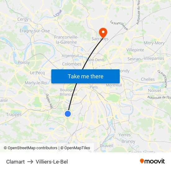 Clamart to Villiers-Le-Bel map