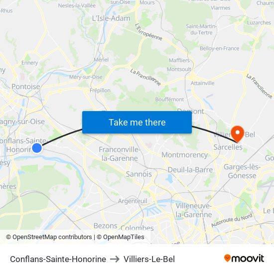 Conflans-Sainte-Honorine to Villiers-Le-Bel map