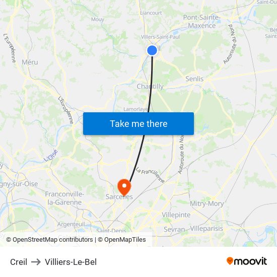Creil to Villiers-Le-Bel map