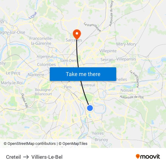 Creteil to Villiers-Le-Bel map