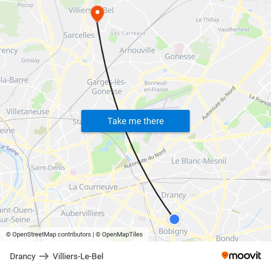 Drancy to Villiers-Le-Bel map