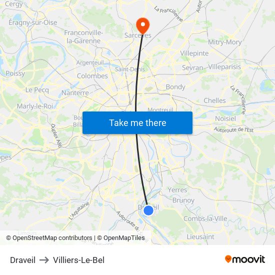 Draveil to Villiers-Le-Bel map