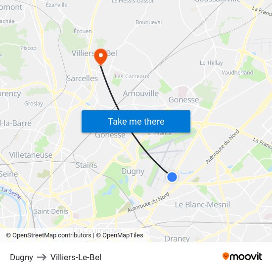 Dugny to Villiers-Le-Bel map