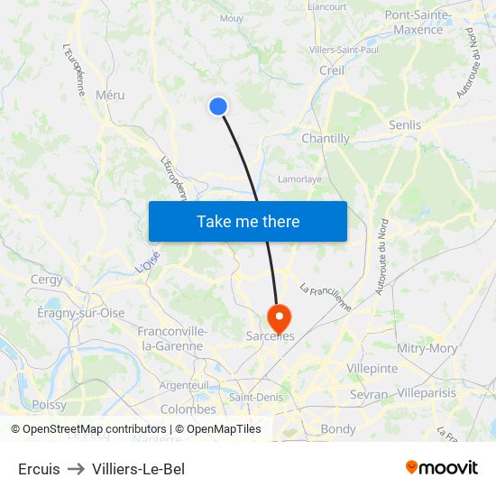 Ercuis to Villiers-Le-Bel map