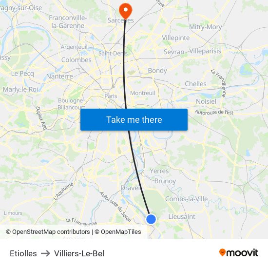 Etiolles to Villiers-Le-Bel map