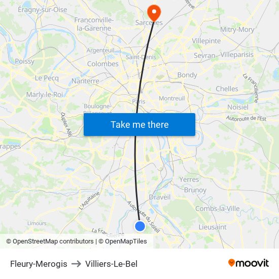 Fleury-Merogis to Villiers-Le-Bel map