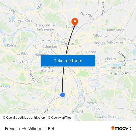 Fresnes to Villiers-Le-Bel map