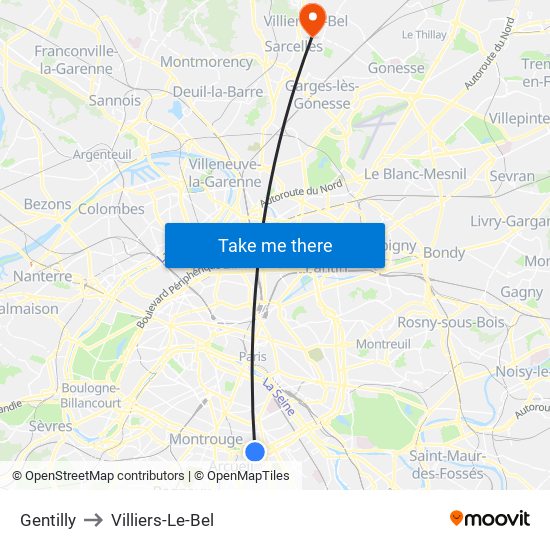 Gentilly to Villiers-Le-Bel map