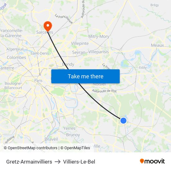 Gretz-Armainvilliers to Villiers-Le-Bel map