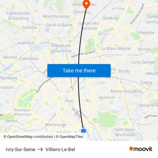 Ivry-Sur-Seine to Villiers-Le-Bel map