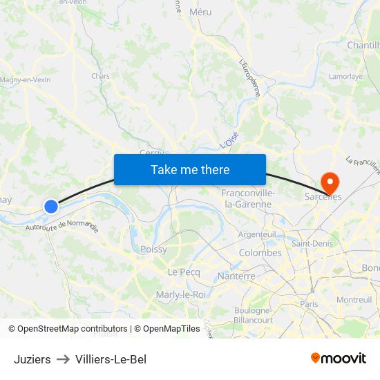 Juziers to Villiers-Le-Bel map