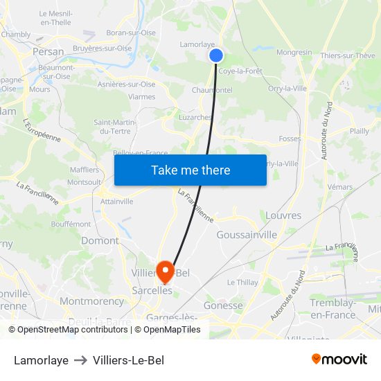 Lamorlaye to Villiers-Le-Bel map