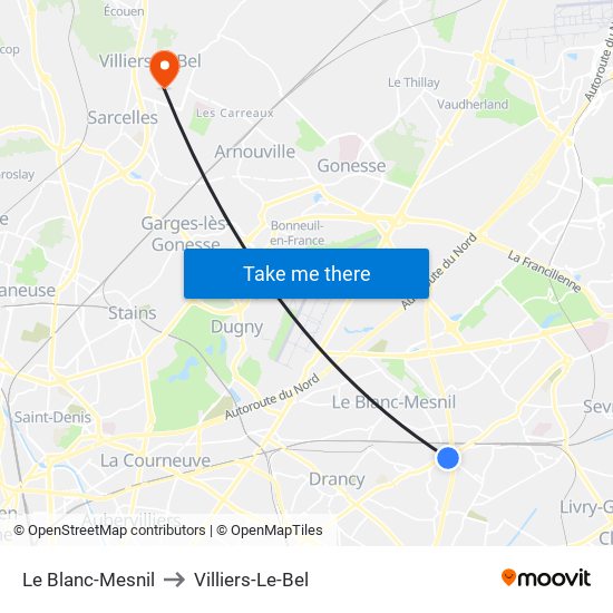 Le Blanc-Mesnil to Villiers-Le-Bel map